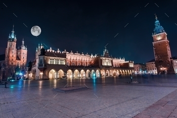 quare Old Town at Night. Polish Architecture. Lesser Poland.