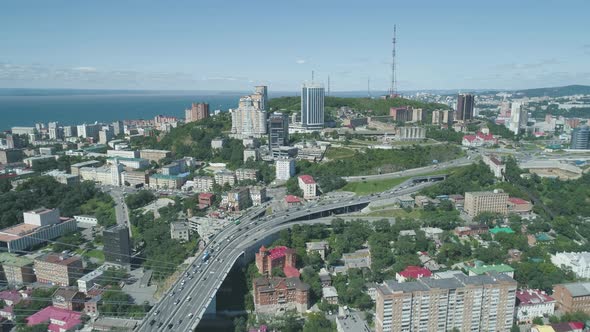 Aerial Drone View of The Zolotoy Golden Bridge. Cable-stayed Bridge Across the Zolotoy Rog (Golden