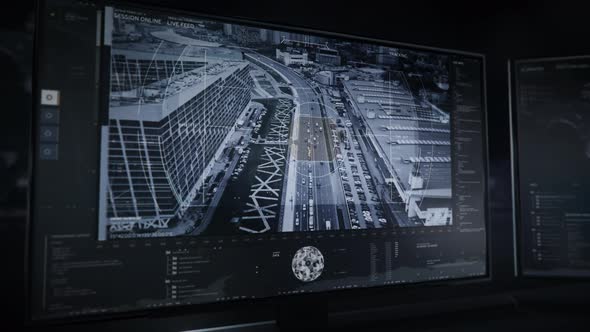 Futuristic Drone Network Scanning Modern City Road To Find Vehicle Of Criminals alt