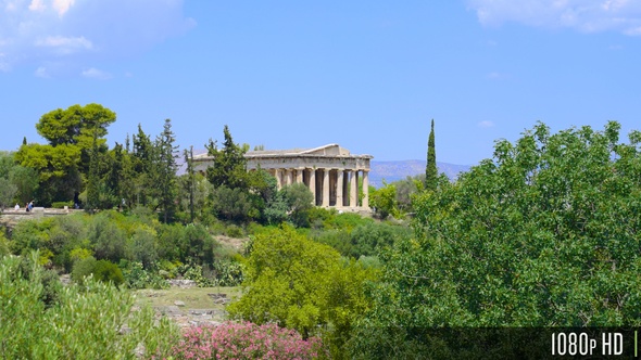 Parallax of the Temple of Hephaestus Near the Acropolis in Athens, Greece