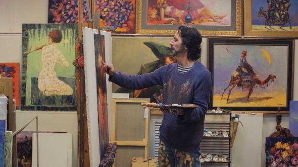 Portrait Of An Artist Painting On Easel. 