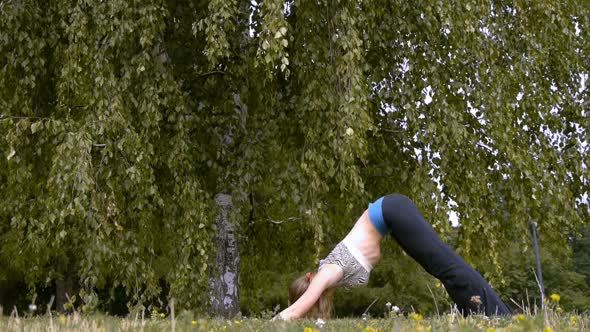 Woman Practice Yoga In The Garden. alt