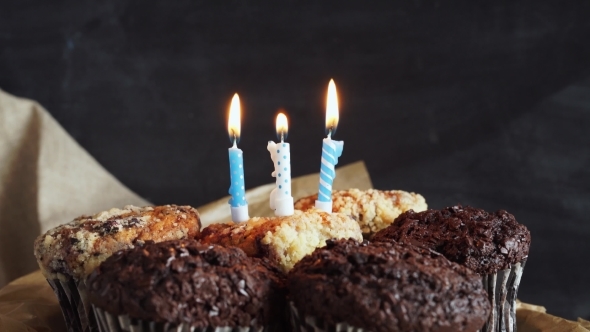 Tasty Birthday Cupcake With Candle, On Grey Background