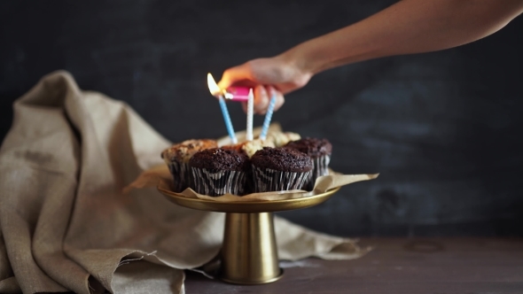 Tasty Birthday Cupcake With Candle, On Grey Background