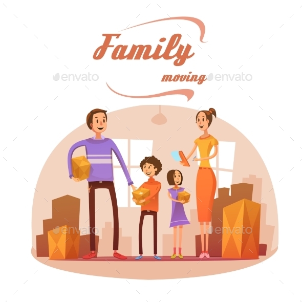 Family Moving in Cartoon Illustration