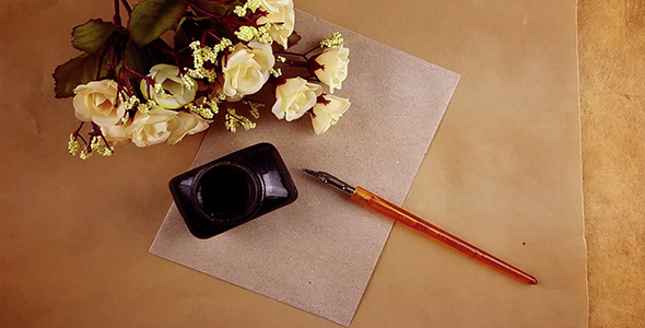 Vintage Ink Pen with Inkwell & Flowers on the Old Paper