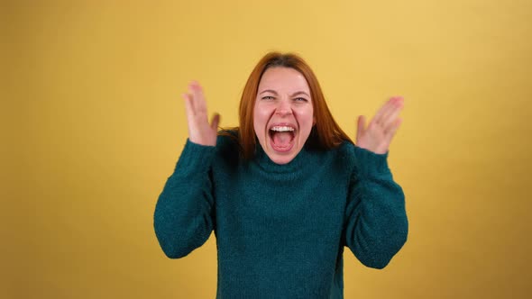 Young Red Hair Woman Posing Isolated on Yellow Color Background Studio