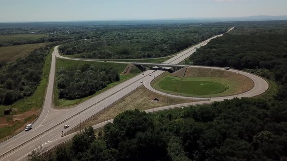 Aerial View of Cloverleaf Highway Road Junction in the Countryside with Trees