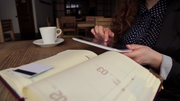 At Lunch Business Woman Doing a Financial Analysis