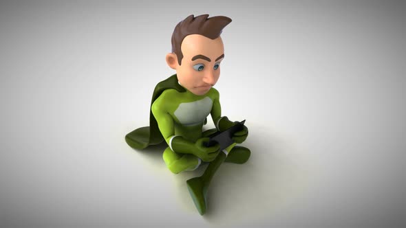 Fun 3D cartoon superhero typing on a laptop alt