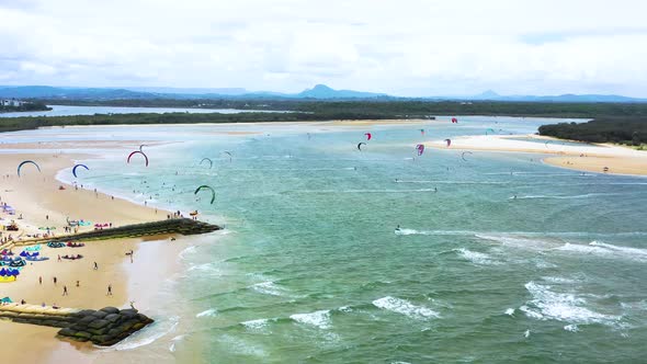 Aerial view of a kitesurfing competition, Queensland, Australia.