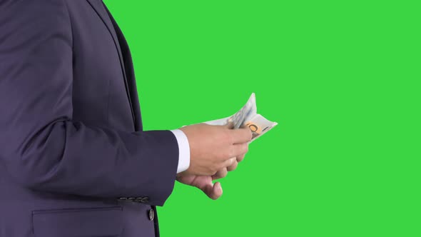 Businessman Is Counting Money Euros on a Green Screen, Chroma Key.