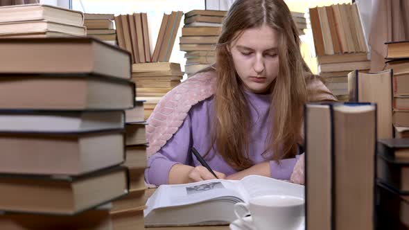 A Girl Reads a Book in the Library