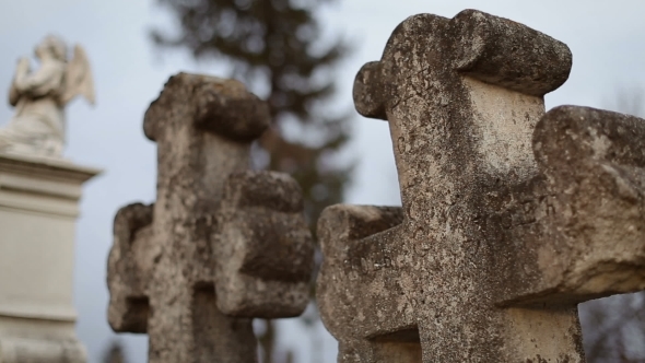 Two Ancient Crosses On Old Graveyard