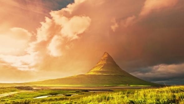 Kirkjufell - Mountain In The Western Part Of Iceland, Located Near Grundarfjordur. Sunset