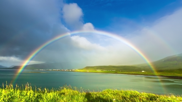 Grass Moving In The Breeze And Rainbow In Neighborhoods Grundarfjordur (Grundarfjörður) 