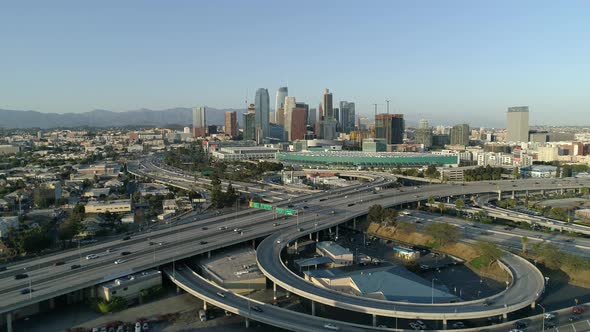 Aerial view of the city and highway in Los Angeles