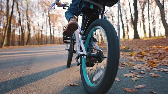 Unknown Little Child is Riding Bike By Paved Road in Autumn Park