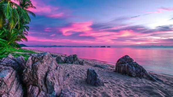 Incredible Violet Sunset Over The Sea And Rocky Beach, Koh Samui, Thailand