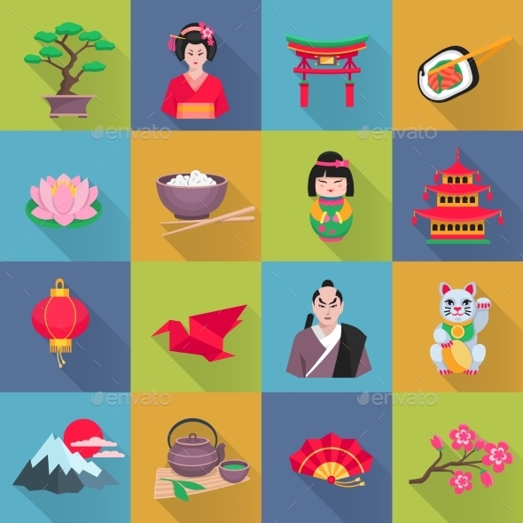 Japanese Culture Symbols Flat Icons Set