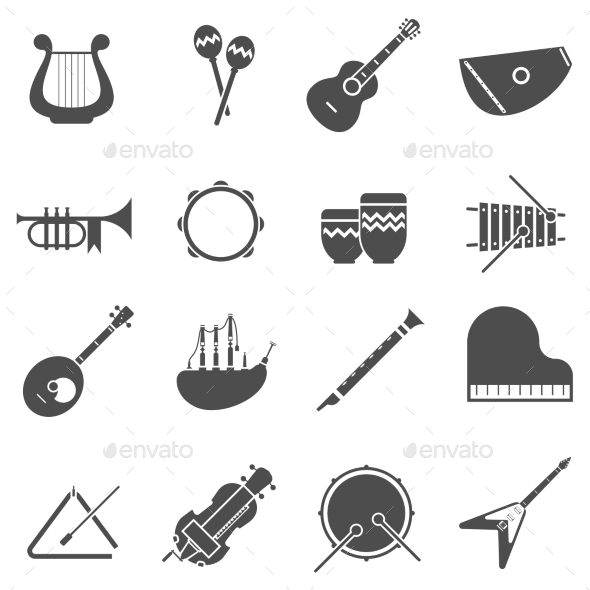 Musical Instruments Black White Icons Set