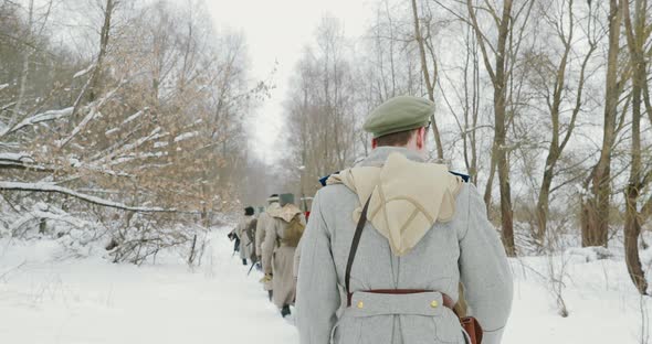 Men Dressed As White Guard Soldiers Of Imperial Russian Army In Russian Civil War Times Marching