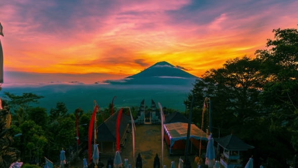 Sunset On The Background Volcano Gunung Agung in Bali, Indonesia