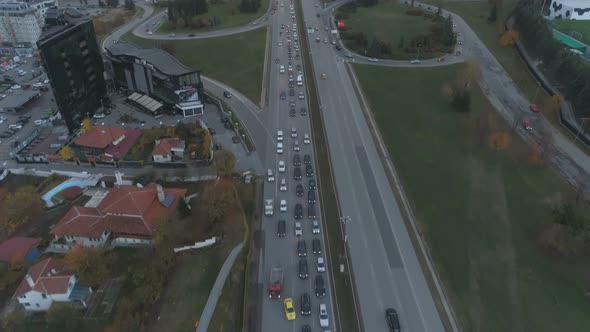 Aerial Top View of Road Junction From Above, Automobile Traffic and Jam of Many Cars, Transportation