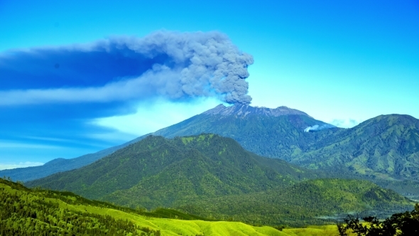 Eruptions Raung Volcano, Panoramic View. East Java, Indonesia