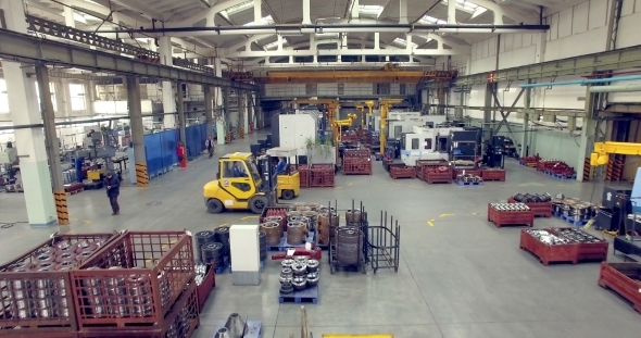 Inside Of a Industrial Factory. Aerial Shoot. .