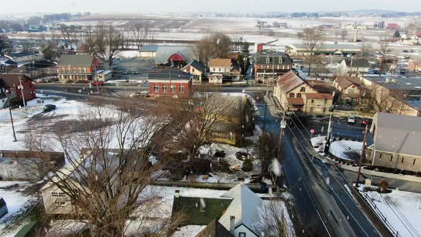 AERIAL Over Township Of Intercourse, Pennsylvania USA During Snowstorm