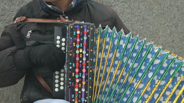 Man Plays The Accordion Decorated With Rhinestones