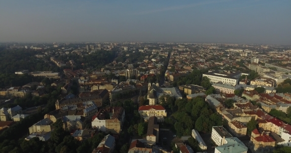 Aerial Old City Lviv, Ukraine. Central Part Of Old City.  Town Hall. Lviv Doroshenka Street