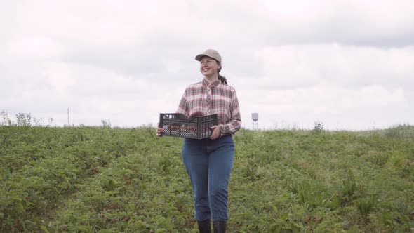 Happy Young Woman in Plaid Shirt and Cap Carries Black Box with Ripe Berry