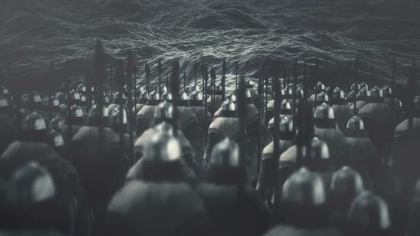 0 Army Of Vikings Standing In Front Ocean Waves