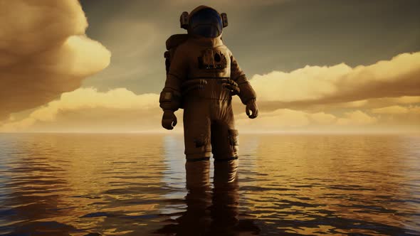 Spaceman in the Sea Under Clouds at Sunset alt