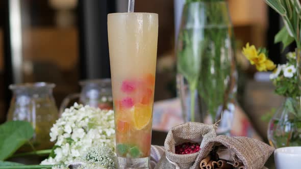 Beautiful Cocktail in a High Glass on the Background of the Restaurant