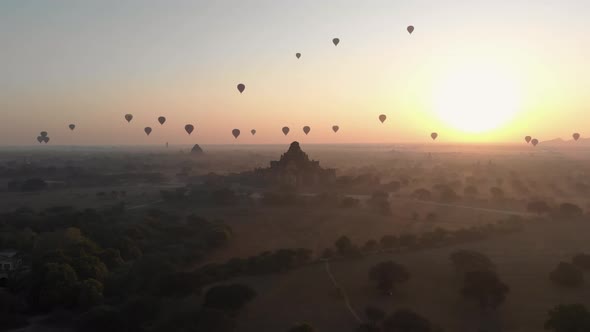 Aerial view of hot balloons in the Old Bagan temple site.