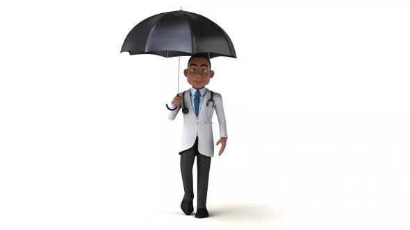 Fun 3D cartoon doctor walking with an umbrella