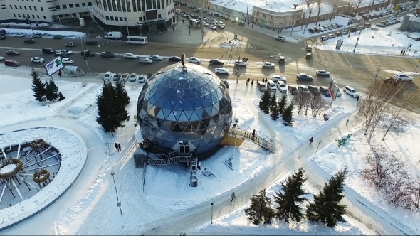 Flying Over The Small City Park In Winter - Spherical Building