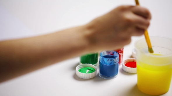 Girl Hands Painting With Gouache Colour At Home