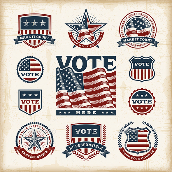 Vintage USA Election Labels and Badges Set