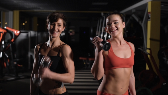 Two Cute Girls Doing Exercises With Dumbbells. 