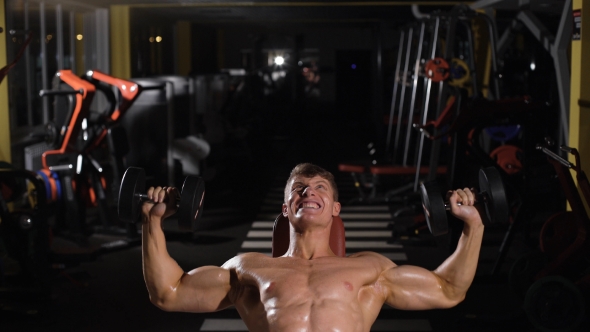 Portrait Of a Fitness Man Doing Exercises With Dumbbells At Gym alt