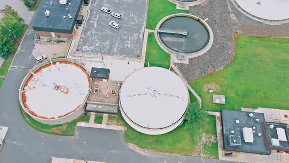 Aerial Panoramic View of Water Purification Circle Round Tanks with Facilities Water Treatment