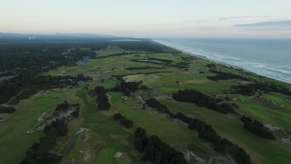 Luxury Bandon Dunes Golf Course on Oregon Coast at Sunset - Aerial