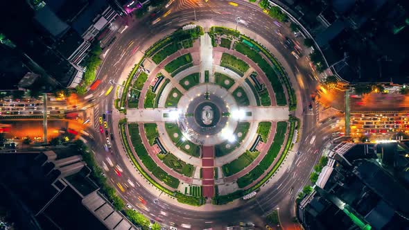 Aerial view of traffic circle at night, Bangkok