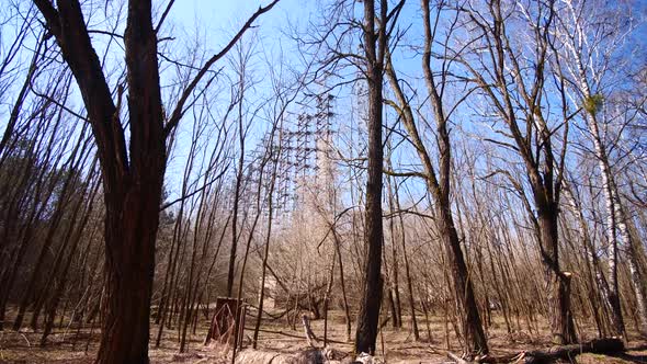 Radar Duga from the distance behind leafless winter tree, eerie Chernobyl