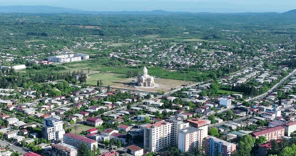 Zugdidi, Georgia - May 3 2022: Aerial view of Zugdidi Iveria Cathedral of the All-Holy Mother of God