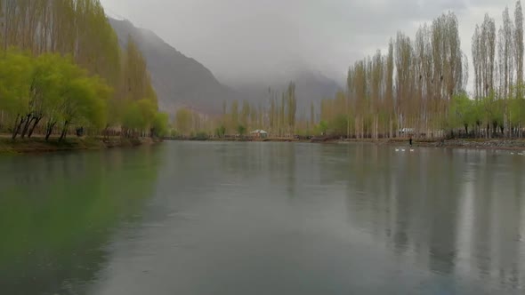 Aerial Under Phander Nasser Wooden Bridge Above  Gilgit River. Dolly Forward